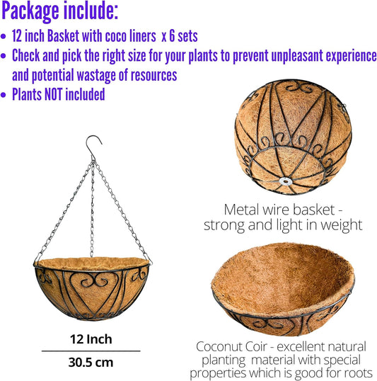 LaLaGreen Hanging Baskets for Plants (6 Pack, 12 Inch) Hanging Flower Pots with Coco Liner, Black Metal Wire Round Basket Plant Holder with Hanger Hook Chain, Outdoor Patio Deck Balcony Garden Décor