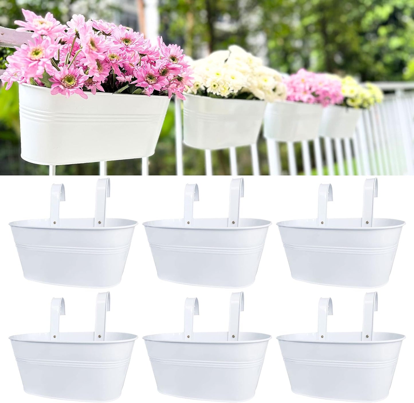 LaLaGreen Planter Boxes Outdoor (15 Pack, 11.8 Inch) White Metal Iron Hanging Flower Pots Deck Railings Rails Fence Buckets Countryside Boho Style Wall Mount Window Box Plant Holder Hooks Porch Decor