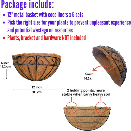 LaLaGreen Wall Hanging Planters, 6 Pack, 12 Inch Balcony Flower Baskets with Coco Liner Outside, Outdoor Vertical Garden, Fence Pots Holder Half Round Semi Circle Rail Railing Deck Porch Balcony Patio