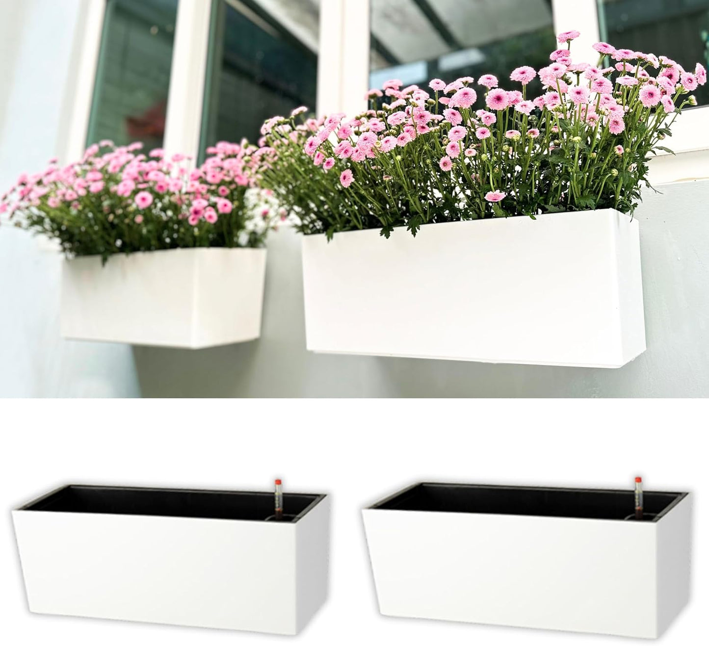 LaLaGreen Wall Planter for Outdoor (3 Pack, 14 Inch) Wall Mounted Self Watering System White Flower Boxes with Bracket, Window Wall Hanging Rectangular Plant Pots Container Indoor Garden Modern Herb