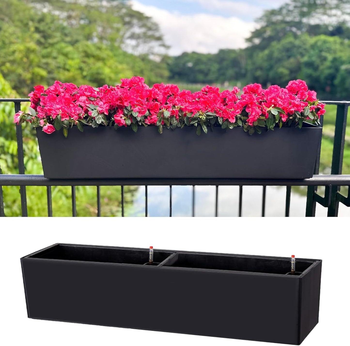 LaLaGreen Rail Planter Boxes for Outdoor (2 Pack, 40") Hanging Flower Pots with Bracket, Black Rectangular Self Watering System Deck Railing Herb Planters Outdoor Plants Container Rail Balcony Fence