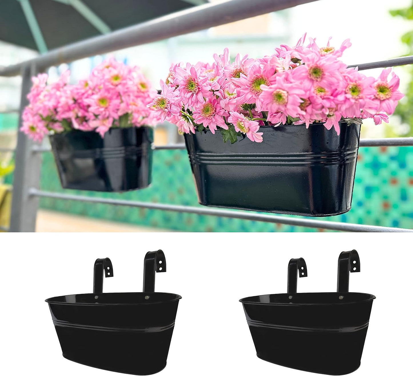 LaLaGreen Outdoor Planter (10 Pack, 9.8 Inch) Small and Cute Black Metal Iron Hanging Flower Pot Deck Railing Rail Fence Balcony Bucket Countryside Style Herb Window Box Plant Holder Hooks Porch Decor