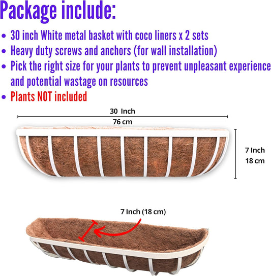 LaLaGreen Outoor Planter Boxes (30 Inch, 2 Pack) White Metal Deck Railings Flower Box with Coco Liners, Rectangular Hanging Planters for Window Plant Horse Trough Fence Balcony Garden Herb Porch Patio