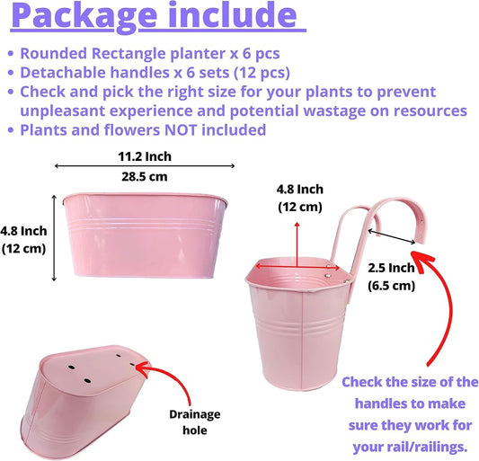 LaLaGreen Rail Planter Outdoor Plants (11.2 Inch, 6 Pack) Colorful Metal Iron Strawberry Hanging Flower Pots Deck Railing, Fence Wall Mount Bucket Modern Window Box Hooks Porch Garden Outside Decor