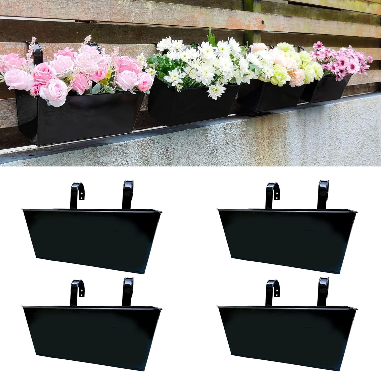 LaLaGreen Railing Hanging Planters (2 Pack, 16 Inch) Large Black Metal Strawberry Flower Pots Outdoor Countryside Modern Rectangle Succulent Planter with Drainage Holes Hanger Balcony Deck Fence Porch