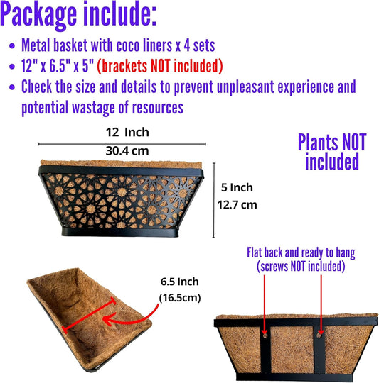 LaLaGreen Window Boxes Planters for Outdoor Plants (4 Pack, 12 Inch) Small and Cute Black Metal Fence Hanging Flower Box Basket with Coco Liner Unique Horse Troughs Balcony Garden Pot Patio Porch Rail