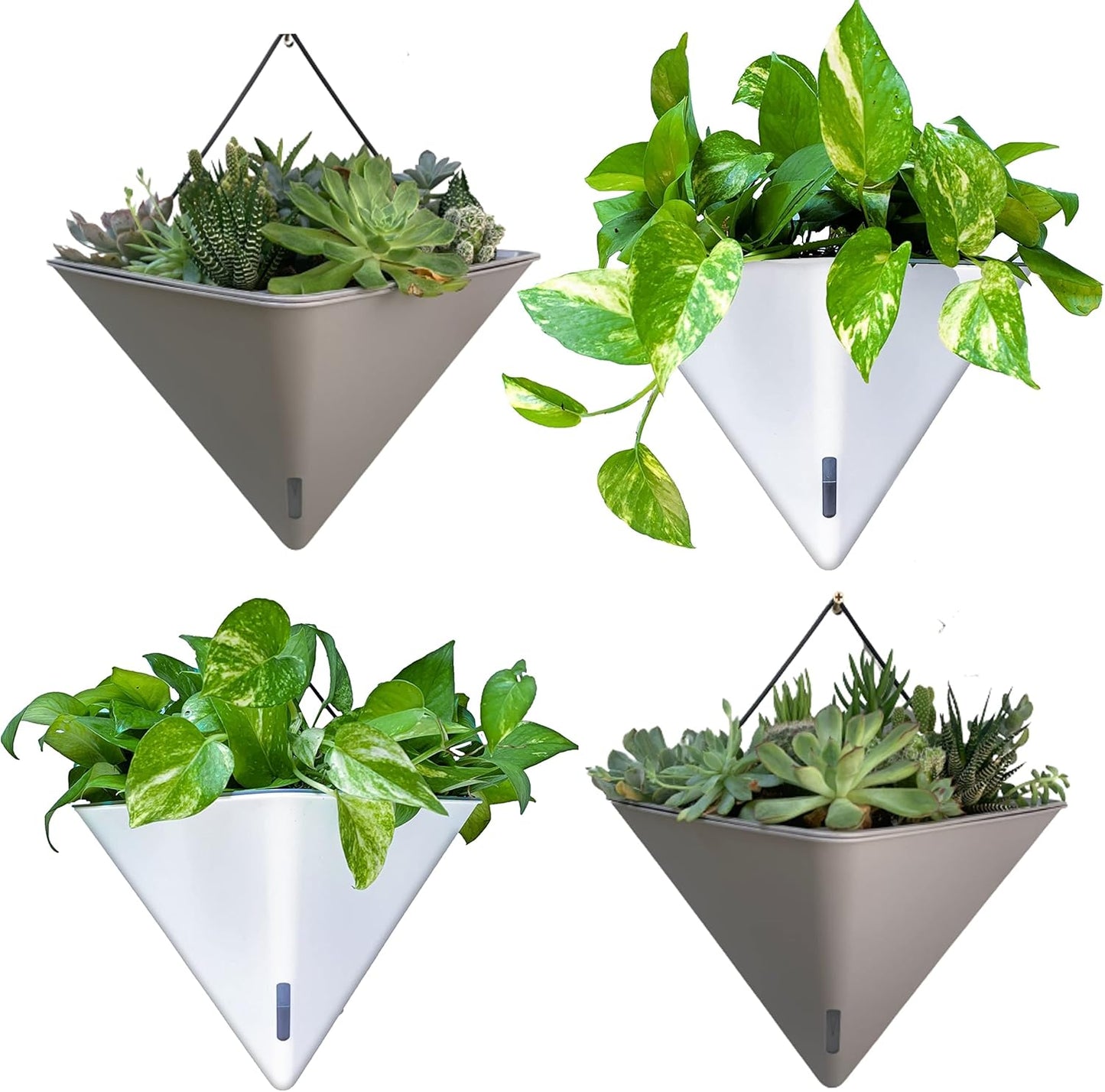 LaLaGreen Wall Planters for Indoor Plants - 4 Pack, 12 Inch Large Self Watering White Geometric Hanging Flower Vase Vessel with Metal Hanger, Modern Stylish Wall Mounted Succulent Pot Holder Decor