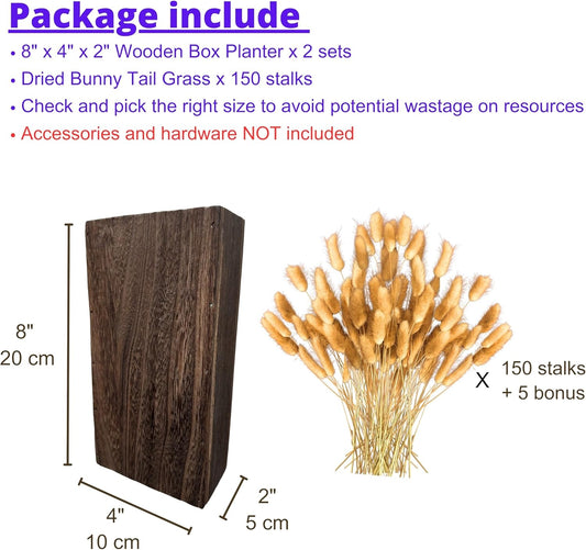 LaLaGreen Wood Wall Planters (2 Pack, 8 Inch), Include Bunny Tails Dried Flowers, Hanging Planter Wooden Box Vase for Indoor Modern Rustic Farmhouse Decor Home Living Room Bathroom Trendy Decoration