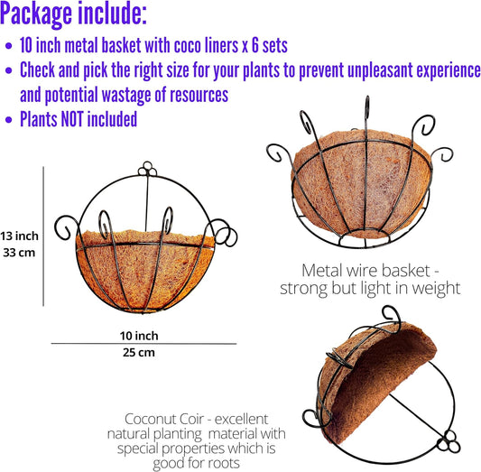 Shoplala Wall Planters Outdoor Plants (6 Pack, 10 Inch) Balcony Planters Railing Hanging Fence Planter Over Railing with Coco Liner, Wall Mounted Flower Basket Black Metal Wire Deck Porch Patio Garden