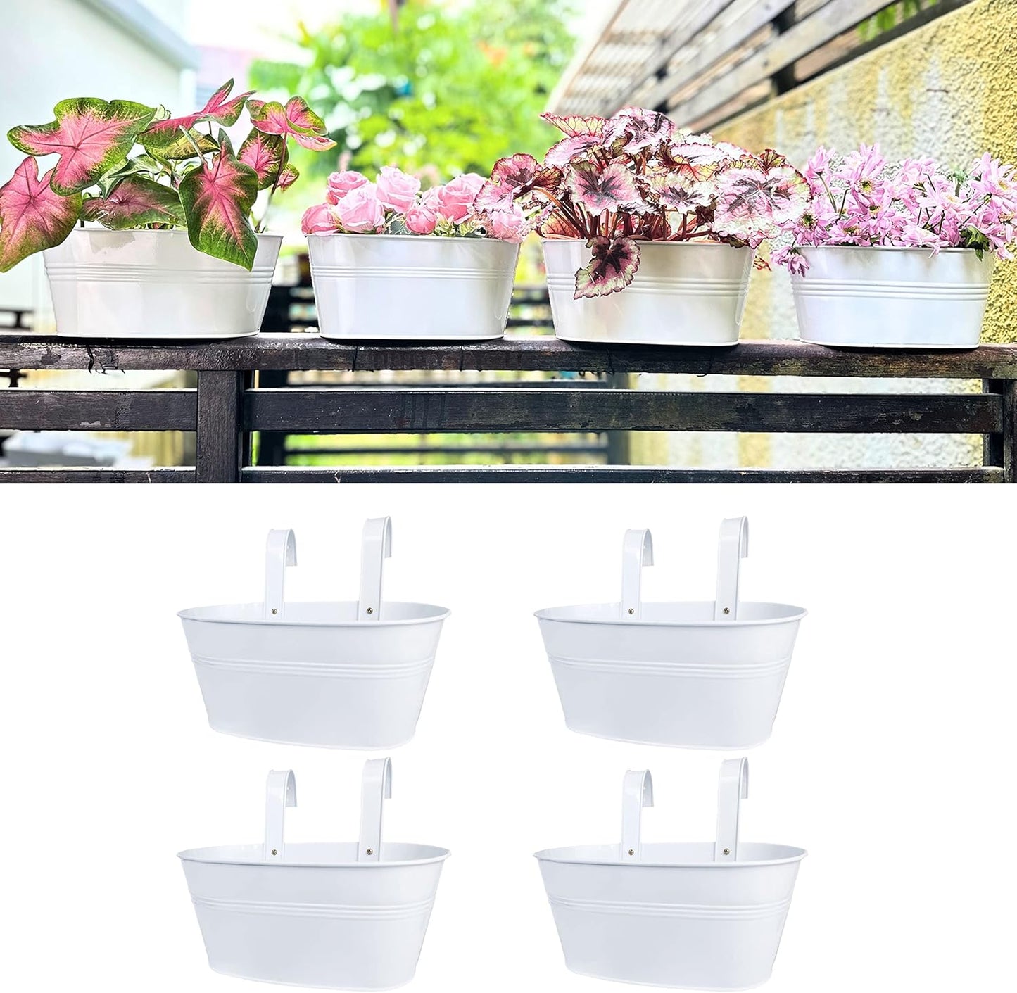 LaLaGreen Rail Planter Outdoor Plants (2 Pack, 9.8 Inch) Small and Cute Metal Iron Hanging Flower Pots Deck Railings White Fence Modern Garden Boho Style Wall Mount Window Box Plant Holder Porch Decor