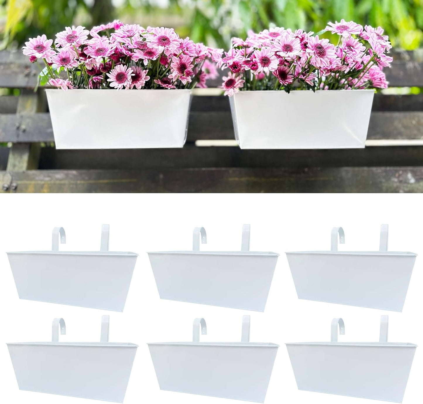 LalaGreen Outdoor Planter (2 Pack, 12 Inch) White Metal Rectangle Window Boxes Planters with Drainage Holes, Strawberry Wall Hanging Flower Pots Balcony Deck Railing Fence Minimalist Patio Home Decors