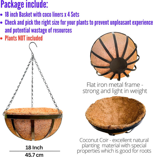 LaLaGreen Outdoor Hanging Baskets for Plants (4 Pack, 18 Inch) Extra Large Black Metal Flat Iron Hanging Planter with Coco Liner Round Flower Pot Holder Deck Porch Modern Garden Balcony Rustic Decor