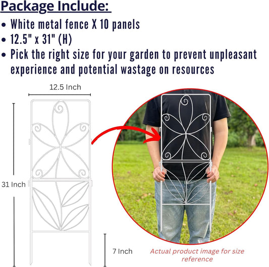 ShopLaLa Decorative Garden Fence (10 Panels) 12.5in(L) x 31in(H) Animal Barrier Fencing Rustproof White Metal Wire Flower Edging for Landscape, Small Dog Yard Gates Fences Tall No Dig Outdoor D-F30C