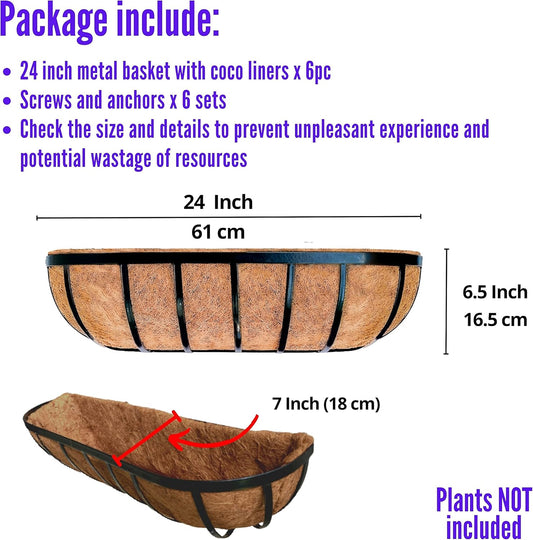 LaLaGreen Deck Railing Planter Boxes for Plants (24 Inch, 6 Pack) Metal Wall Planters for Outdoor Plants, Black Window Flower Boxes Deck Railings with Coco Liner Fence Balcony Patio Porch Over Rail