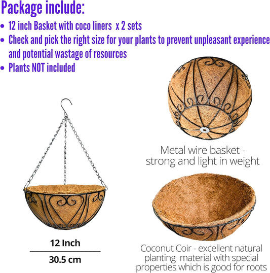 LaLaGreen Hanging Baskets for Plants (2 Pack, 12 Inch) Hanging Flower Pots with Coco Liner, Black Metal Wire Round Basket Plant Holder with Hanger Hook Chain, Outdoor Patio Deck Balcony Garden Décor