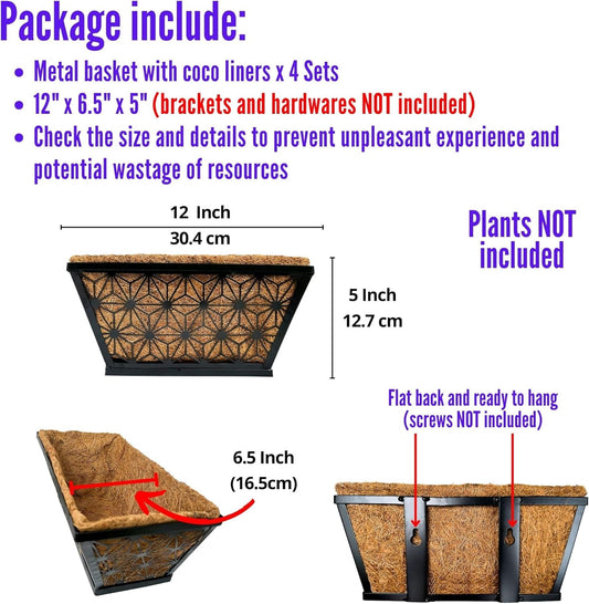 LaLaGreen Window Boxes Planter for Outdoor Plants (4 Pack, 12 Inch) Black Metal Small and Cute Rectangular Flower Pot Wall Planters Trendy Horse Trough Deck Fence Railing Balcony Patio Rail Home Decor