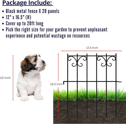 ShopLaLa Decorative Garden Fencing (20 Panels) 12in(L) x 16.5in(H) Rustproof Black Metal Wire Animal Barrier Fence, Butterfly Edging for Landscape Patio Outdoor Decor, Dog Fences for The Yard No Dig