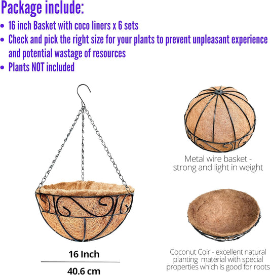 LaLaGreen Hanging Planter for Outdoor Plants (16 Inch, 6 Pack) Hanging Baskets with Coco Liner, Black Metal Wire Flower Basket Pots with Hook Hanger Balcony Porch Farmhouse Country Style Garden Decor