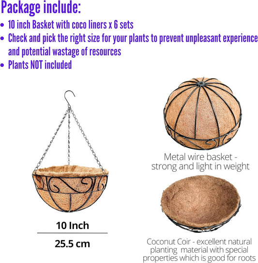 LaLaGreen Hanging Planter for Outdoor Plants (10 Inch, 6 Pack) Hanging Baskets with Coco Liner, Black Metal Wire Flower Basket Pots with Hook Hanger Balcony Porch Farmhouse Country Style Garden Decor