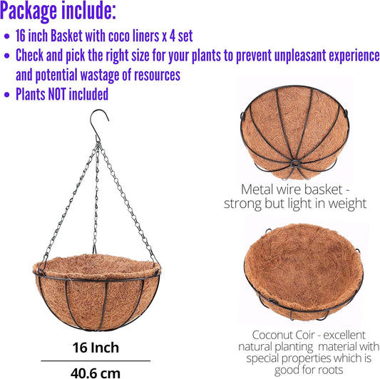 LaLaGreen Hanging Baskets for Plant Outdoor (16 Inch, 4 Pack) Extra Large Hanging Planter with Coco Liner Black Round Metal Wire Flower Pot Holder Hanger Deck Porch Garden Balcony Rustic Country Decor