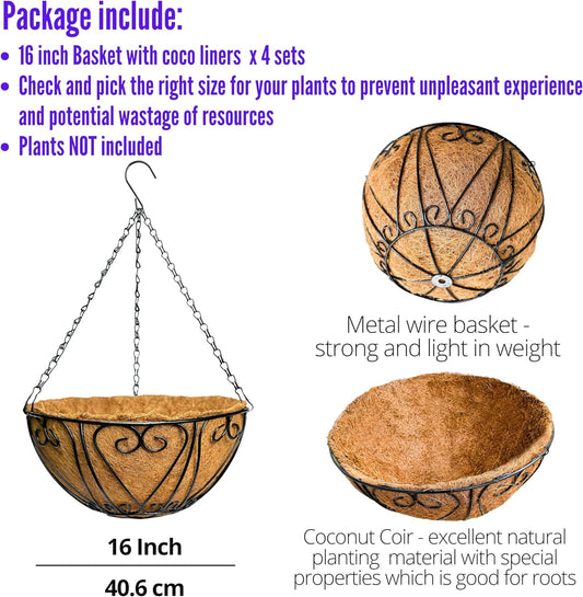 LaLaGreen Hanging Baskets for Plants (4 Pack, 16 Inch) Extra Large Hanging Flower Pots with Coco Liner Black Metal Wire Round Plant Holder with Hanger Hook Chain Outdoor Porch Patio Deck Balcony Decor