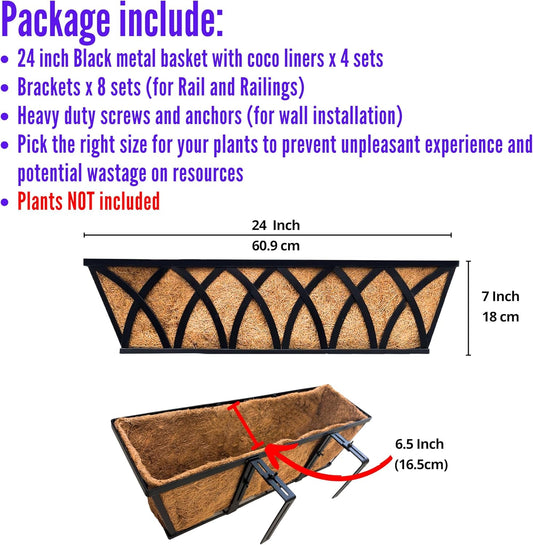 LaLaGreen Railing Planter Boxes (24 Inch, 4 Pack) Black Metal Rectangular Window Flower Box with Coco Liner, Wall Hanging Planters for Outdoor Plants Bracket Holder Deck Rail Fence Balcony Patio Porch