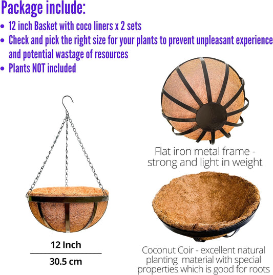 LaLaGreen Outdoor Hanging Baskets for Plants (2 Pack, 12 Inch) Medium Black Hanging Planters with Coco Liner, Metal Flat Iron Flower Pots for Deck Patio Porch Modern Garden Balcony Outside Decoration