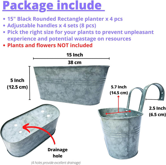 LaLaGreen Outdoor Plants Rail Planter (15 Inch, 4 Pack) Silver Metal Iron Hanging Flower Pot Deck Railings Fence Bucket Modern Boho Style Wall Mount Window Box Plant Wall Hanger Hooks Porch Home Decor