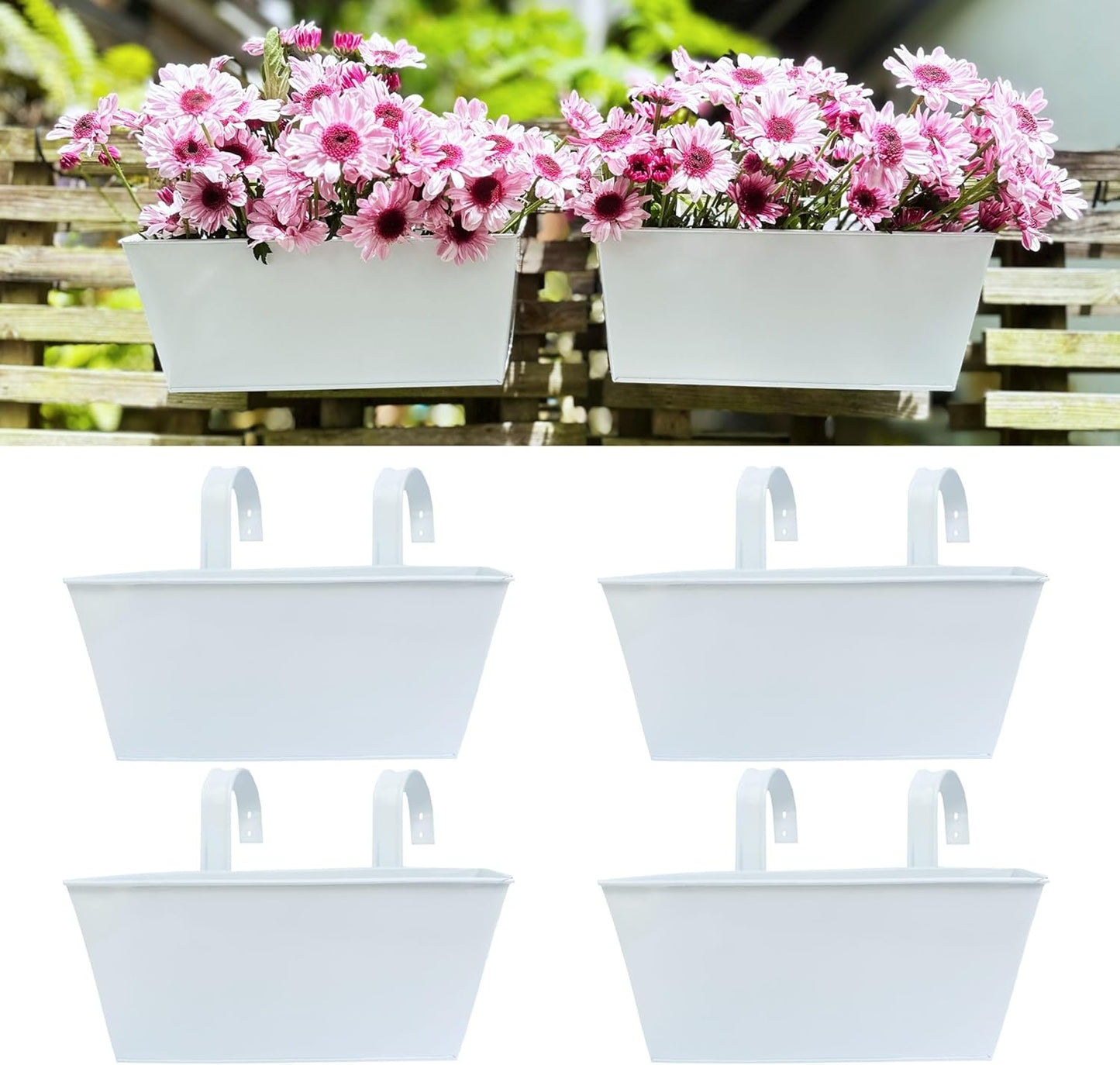 LaLaGreen Outdoor Planter (2 Pack, 16 Inch) Large White Metal Flower Pots Countryside Modern Rectangle Strawberry Window Box Succulent Planters with Drainage Hole Hanging Balcony Deck Rail Fence Porch