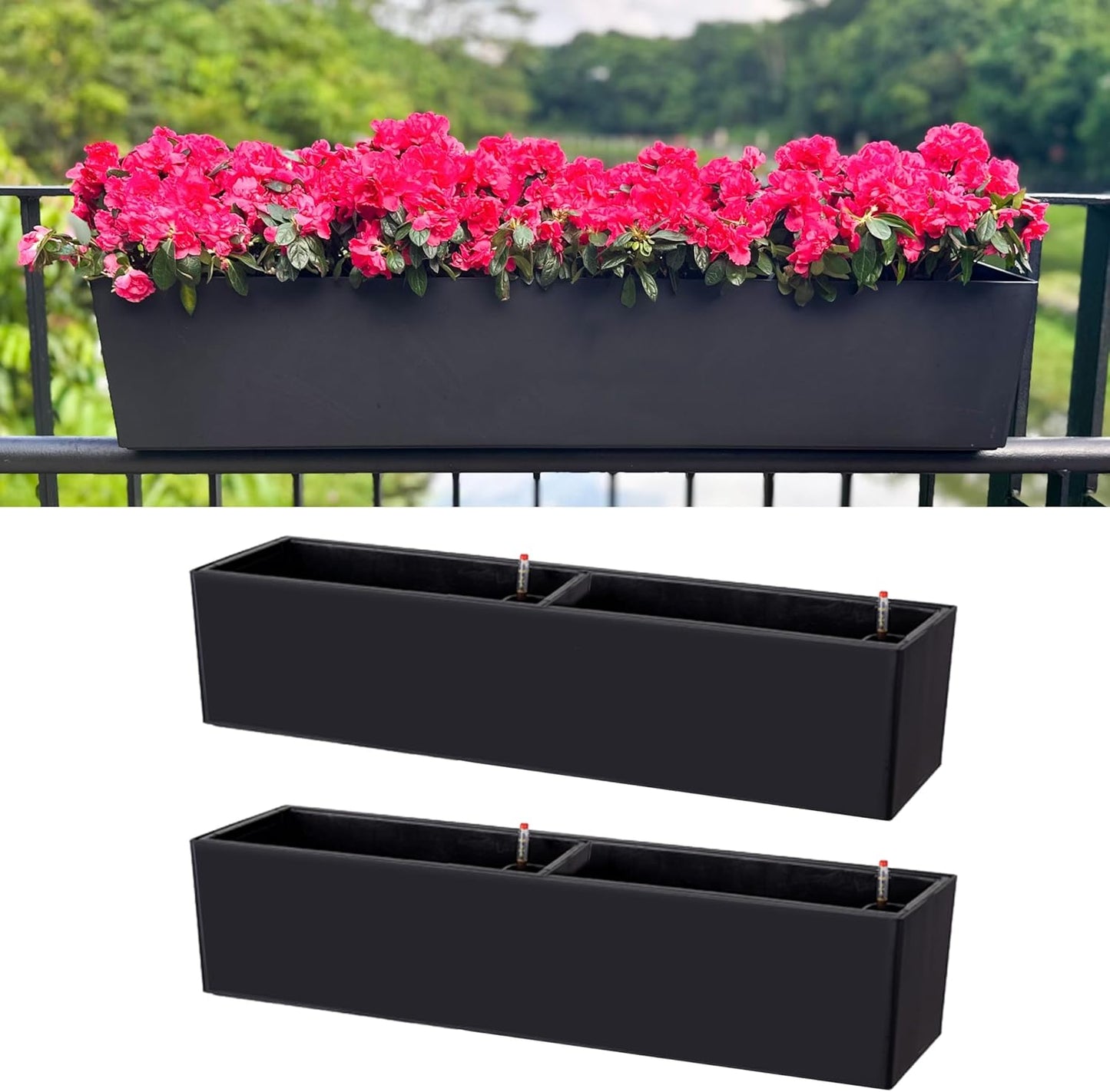 LaLaGreen Rail Planter for Balcony Outdoor (40 Inch, 1 Pack) Large Self Watering System Railing Planters with Brackets, Black Rectangular Window Hanging Flower Boxes Herb Plant Plastic Container Decor