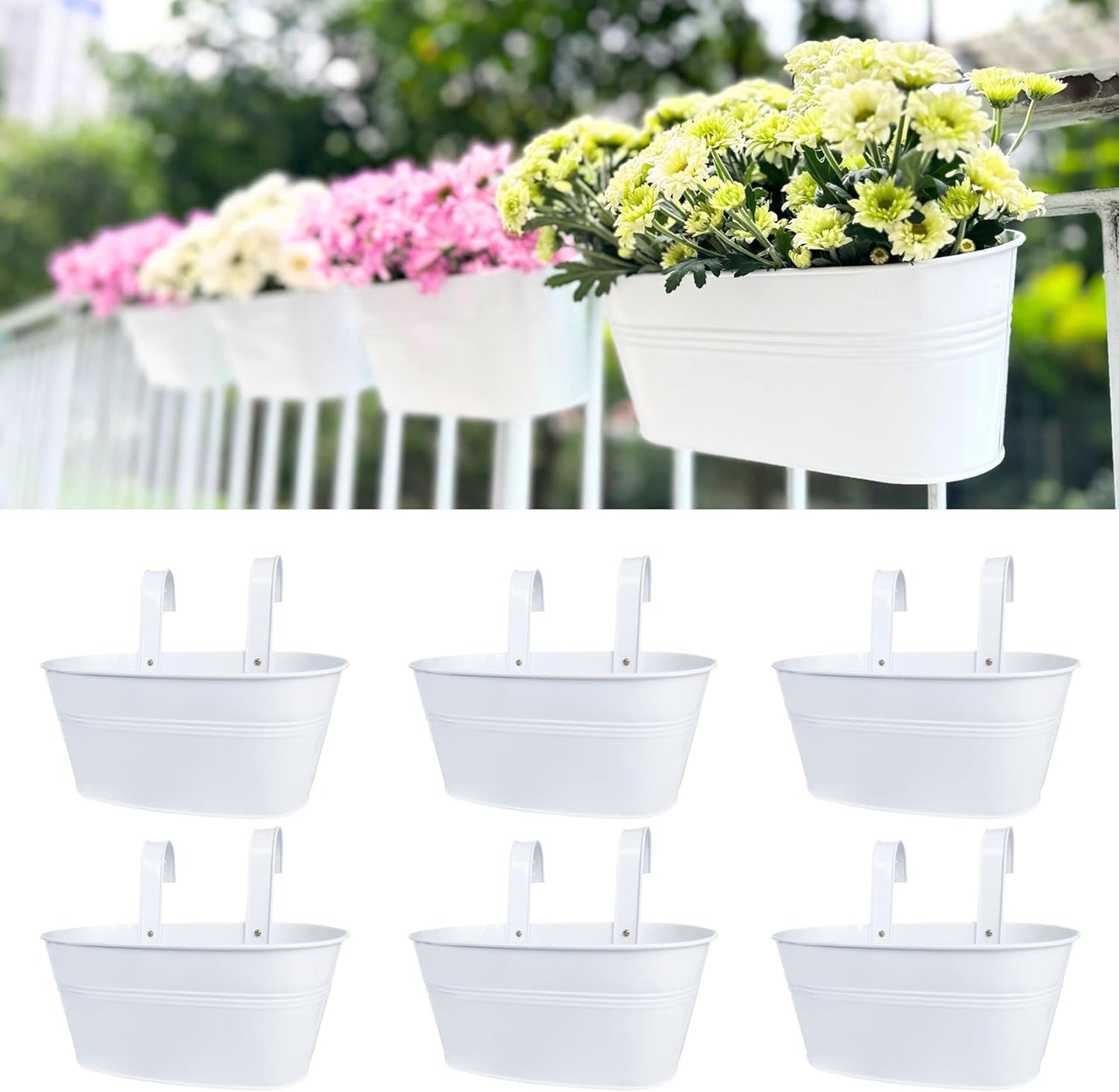 LaLaGreen Outdoor Plants Rail Planter (11.2 Inch, 15 Pack) White Metal Iron Hanging Flower Pots Deck Railings Fence Balcony Modern Boho Style Wall Mount Window Box Plant Holder Hooks Porch Home Decor