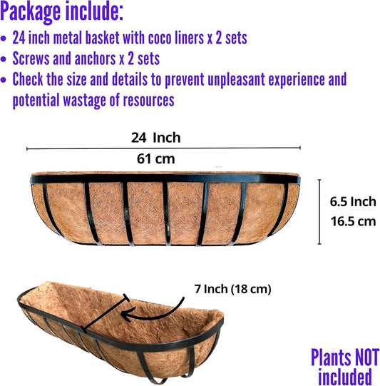 LaLaGreen Deck Railing Planter Boxes for Plants (24 Inch, 2 Pack) Black Metal Wall Planters for Outdoor Plants, Window Flower Box Deck Railings with Coco Liner, Fence Balcony Patio Porch Over Rail