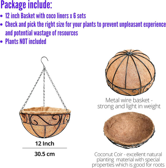 LaLaGreen Hanging Planter for Outdoor Plants (12 Inch, 6 Pack) Hanging Baskets with Coco Liner, Black Metal Wire Flower Basket Pots with Hook Hanger Balcony Porch Farmhouse Country Style Garden Decor