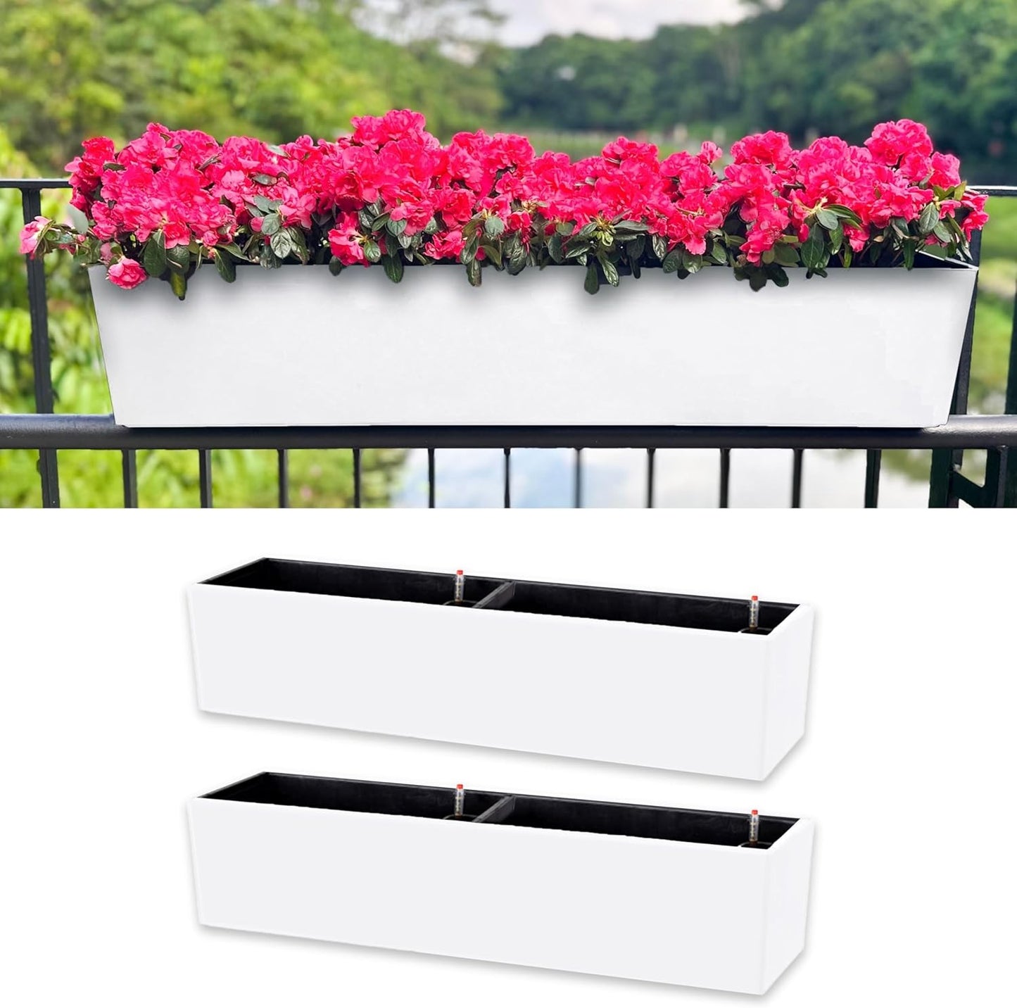 LaLaGreen Hanging Planter Boxes (1 Pack, 40") Large White Rectangular Window Flower Box with Bracket, Self Watering System Railing Planters for Outdoor Plant Container Deck Rail Fence Balcony Garden