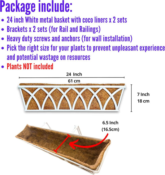 LaLaGreen Railing Planter Boxes (2 Pack, 24 Inch) White Metal Rectangular Window Flower Box with Coco Liner, Hanging Planters for Outdoor Plants Holder Deck Rail Fence Balcony Patio Porch Garden Decor