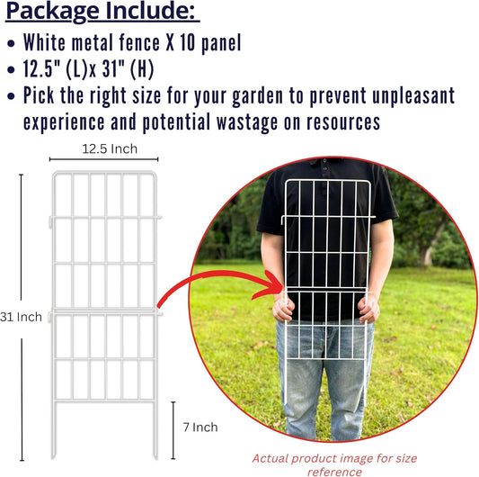 ShopLaLa Decorative Garden Fence Outdoor (10 Panels) 12.5in(L) x 31in(H) Animal Barrier Fencing Rustproof White Metal Wire Flower Edging for Landscape, Small Dog No Dig Fences Backyard Gate D-F30A