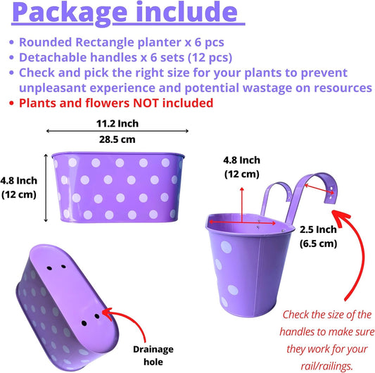 LaLaGreen Outdoor Hanging Planter (11.2 Inch, 6 Pack) Light Blue, Neon Pink, Dark Purple, Yellow, Red Cute Metal Iron Flower Pots Bucket Colorful Polka Dot Herb Deck Railing Fence Bucket Patio Decor