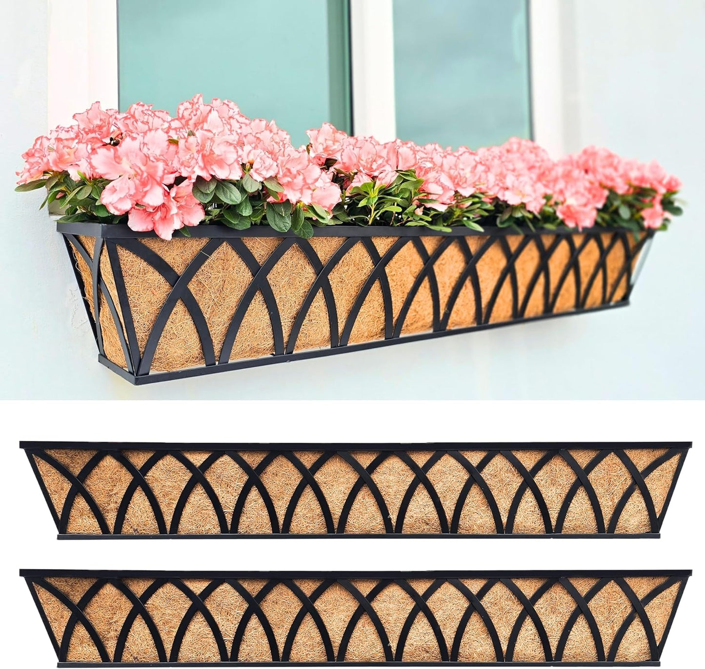 LaLaGreen Wall Planter (2 Pack, 24 Inch) Large Wall Hanging Planter Coco Liner Metal Iron Window Flower Boxes Outdoor Basket Box Attach House Outside Fence Rail Railing Plant Holder Deck Porch Balcony