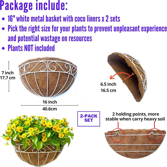 LaLaGreen Wall Mounted Flower Baskets (2 Pack, 16 Inch) Extra Large Deck Rail Hanging Planters with Coco Liner for Outdoor Plants White Metal Wire Herb Pots Holder Fence Railing Porch Patio Garden