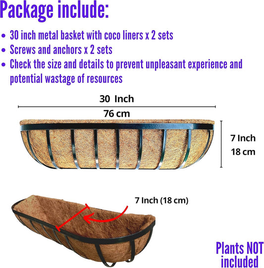 LaLaGreen Outdoor Wall Planter - 30 Inch, 2 Pack Black Metal Window Boxes Planters Attach to House, Large Flower Basket Deck Railings Hanging with Coco Liner Horse Troughs Fence Balcony Patio Porch