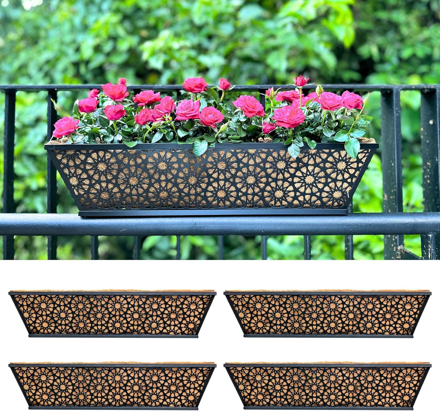 LaLaGreen Window Boxes Planters for Outdoor Plants (2 Pack, 24 Inch) Large Fence Hanging Planter Metal Deck Railing Flower Box with Coco Liner, Trendy Horse Troughs Balcony Pots Patio Porch Over Rail