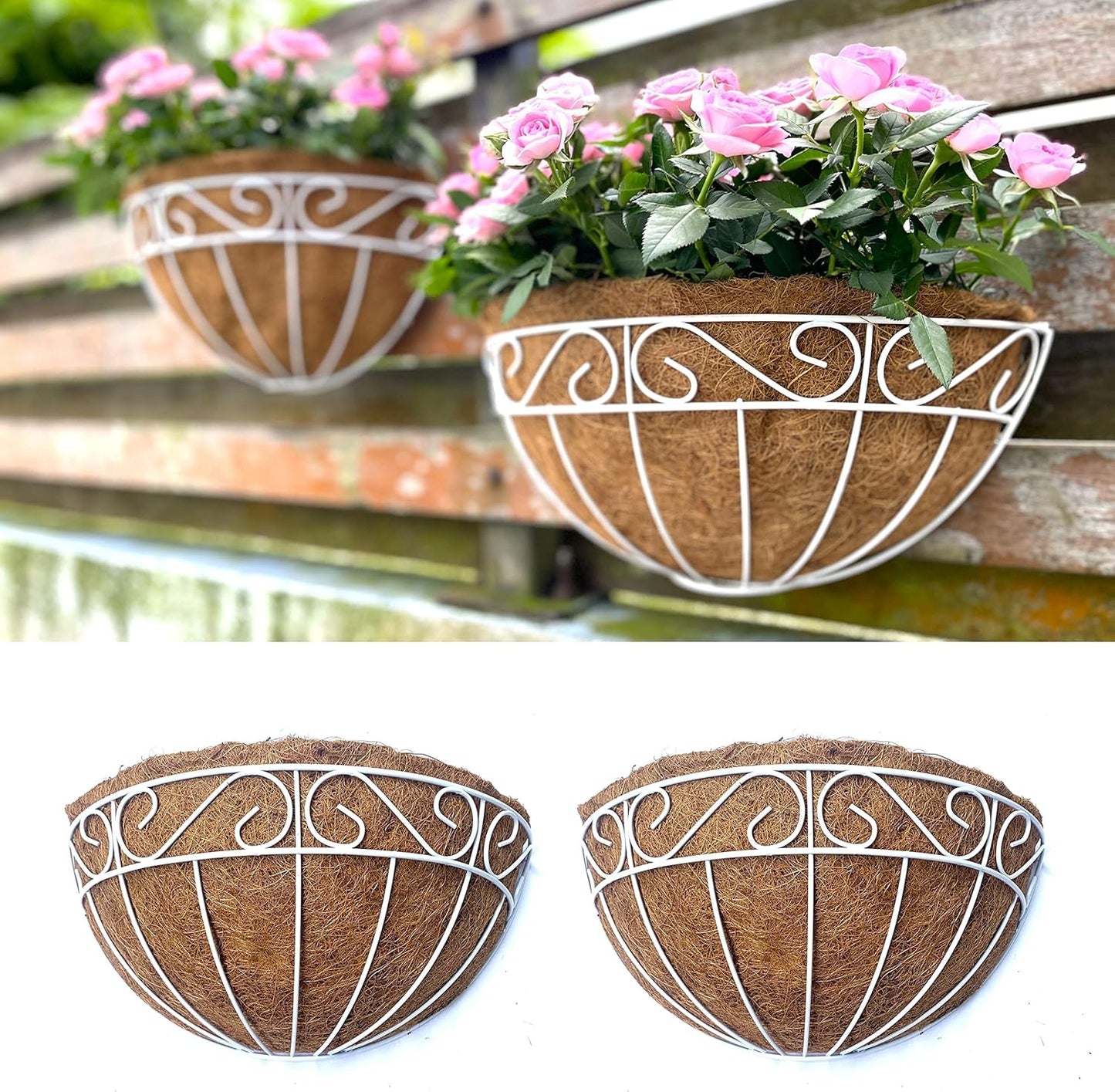 LaLaGreen Wall Mounted Flower Baskets (2 Pack, 16 Inch) Extra Large Deck Rail Hanging Planters with Coco Liner for Outdoor Plants White Metal Wire Herb Pots Holder Fence Railing Porch Patio Garden