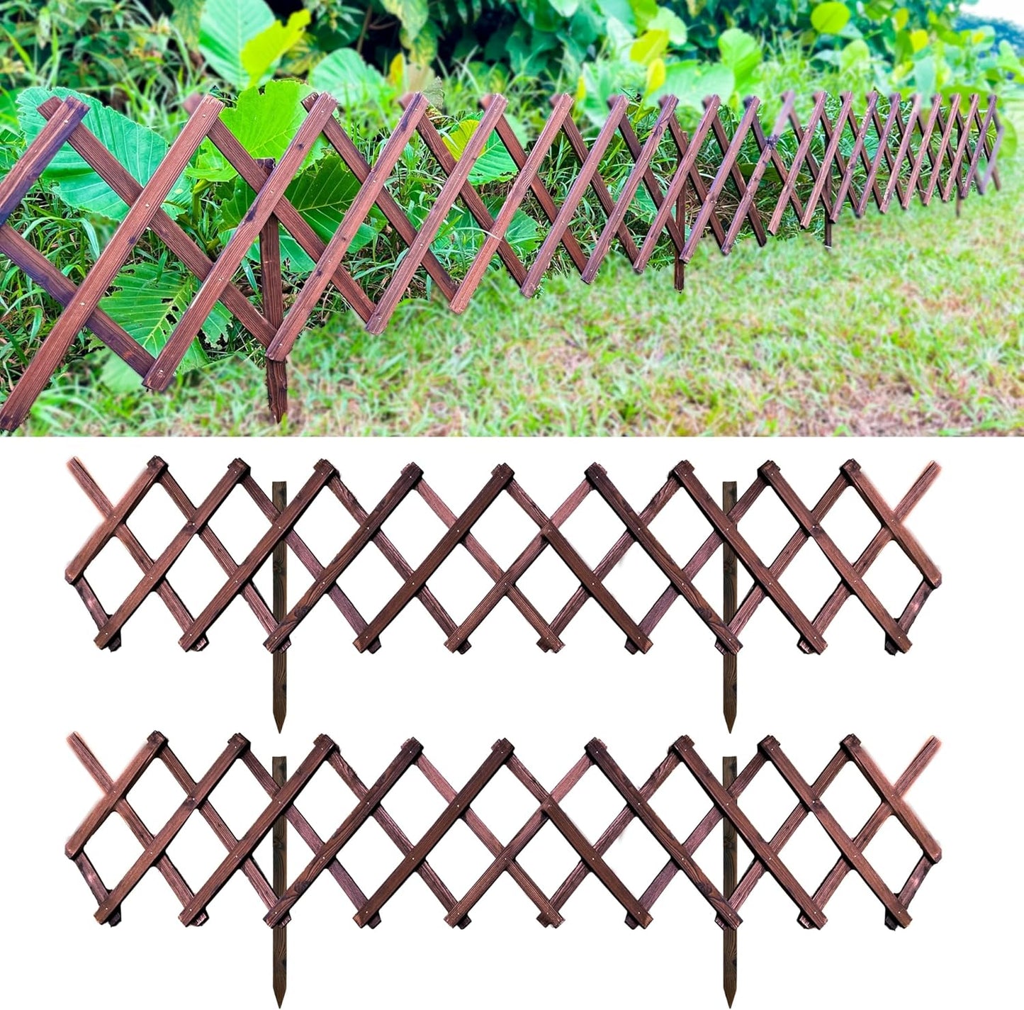 ShopLaLa Garden Fence (2 Pack, Total 12ft (L)) Wooden Lattice Panels for Outside Flower Edging Landscape Patio Outdoor Decor, Expandable Wood Plant Trellis Fences and Gates, Animal Barrier for Dogs