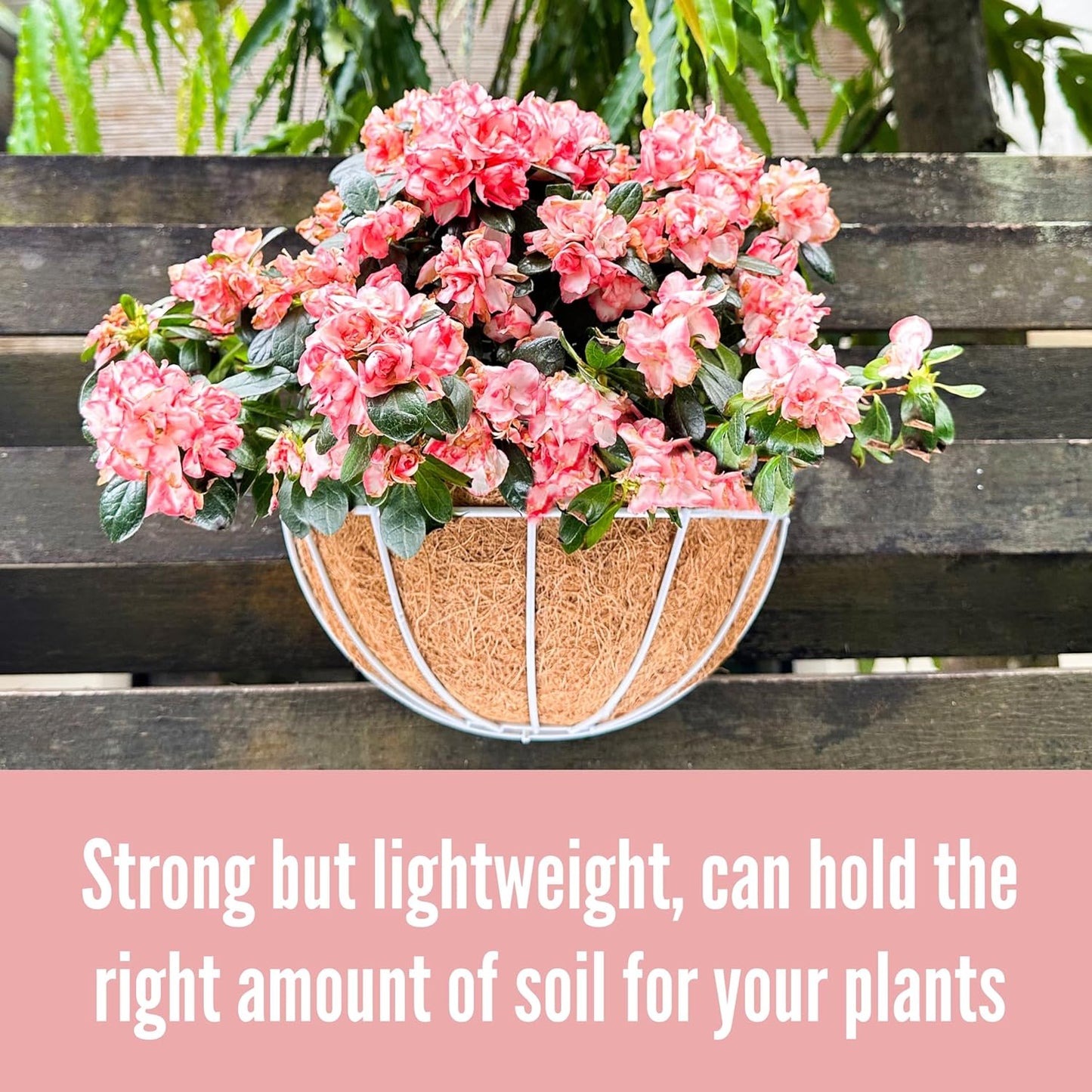 LaLaGreen Large Wall Planters, 2 Pack, 16 Inch Wall Hanging Pots with Coco Liner, White Metal Wire Rail Flower Basket Box Outdoor Outside Fence Railings Plant Holder Deck Porch Balcony Garden Decor