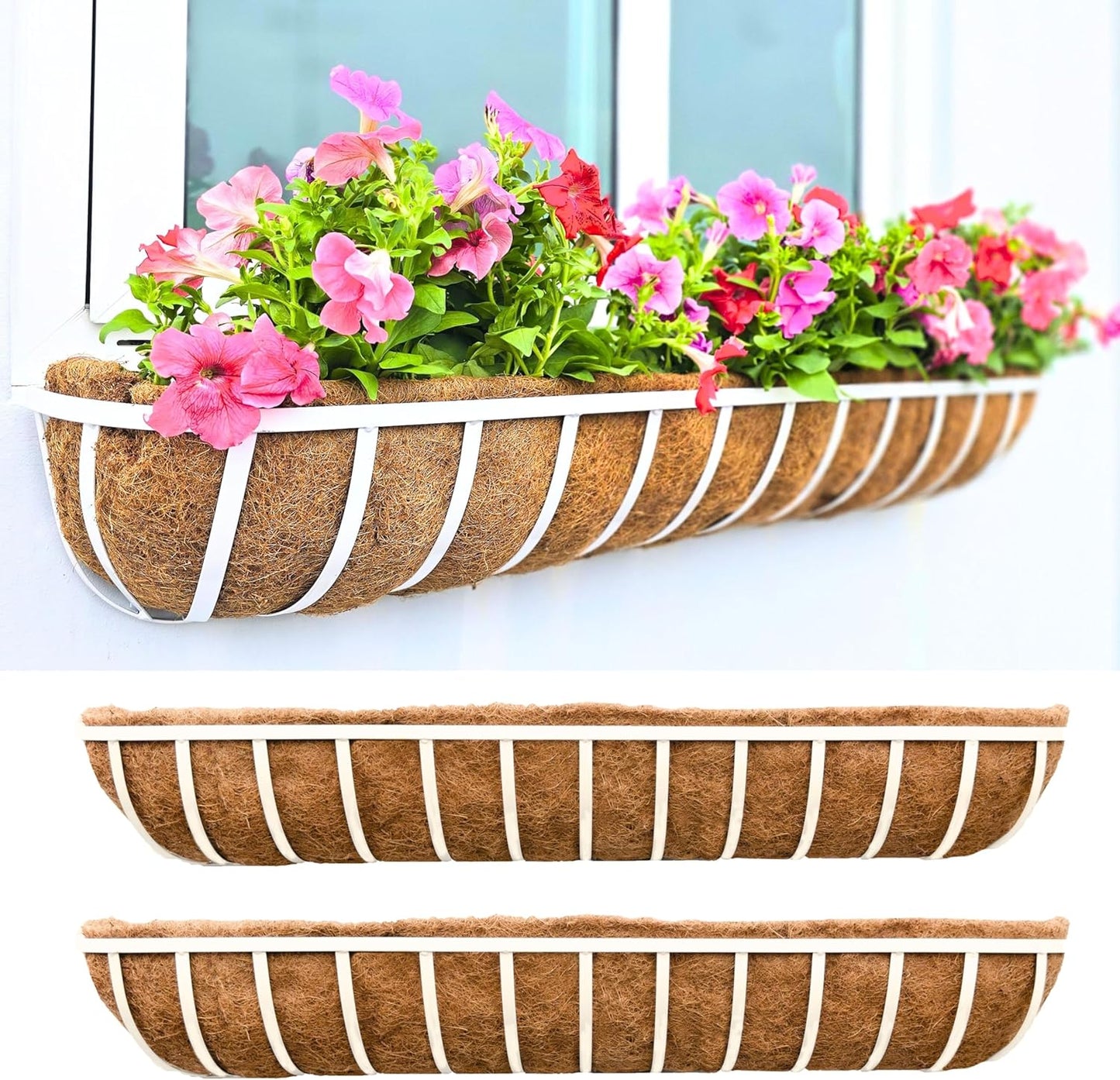 LaLaGreen Outoor Planter Boxes (36 Inch, 2 Pack) White Metal Deck Railings Flower Box with Coco Liners, Rectangular Wall Planters for Window Plants Horse Troughs Fence Balcony Modern Herb Patio Porch