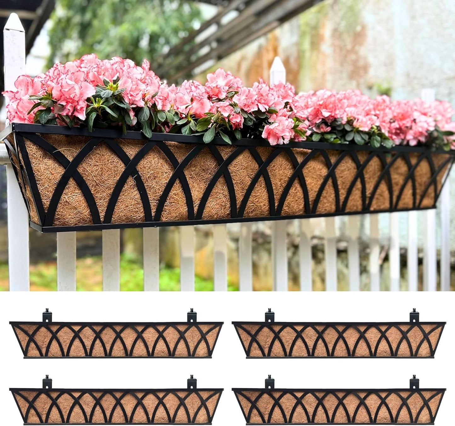 LaLaGreen Railing Planter Boxes (24 Inch, 4 Pack) Black Metal Rectangular Window Flower Box with Coco Liner, Wall Hanging Planters for Outdoor Plants Bracket Holder Deck Rail Fence Balcony Patio Porch