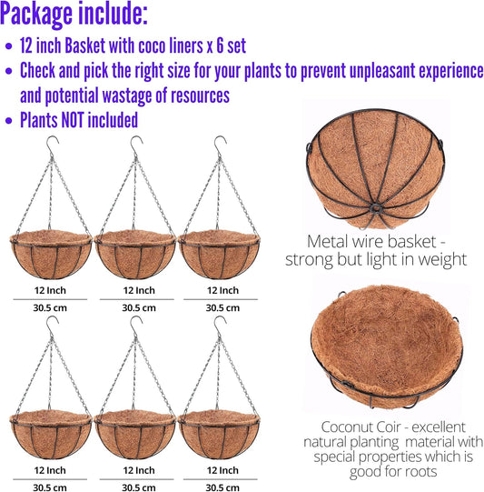 LaLaGreen Hanging Planters with Coco Liners (12 Inch, 6 Pack) Hanging Baskets for Plant Outdoor, Hanging Plant Pot Flower Metal Wire Round Holder Hanger Hook Chain Deck Porch Garden Balcony Boho Decor