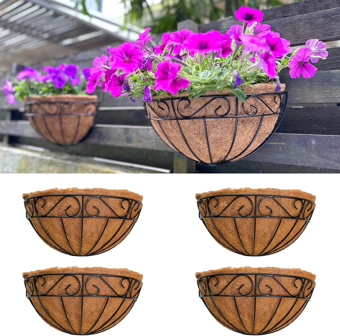 LaLaGreen Large Wall Planter Outdoor - 2 Pack, 14 Inch Large Fence Hanging Flower Baskets with Coco Liner, Herb Pots Holder Rail Planter Outside Railing Deck Porch Balcony Vertical Garden Privacy Wall