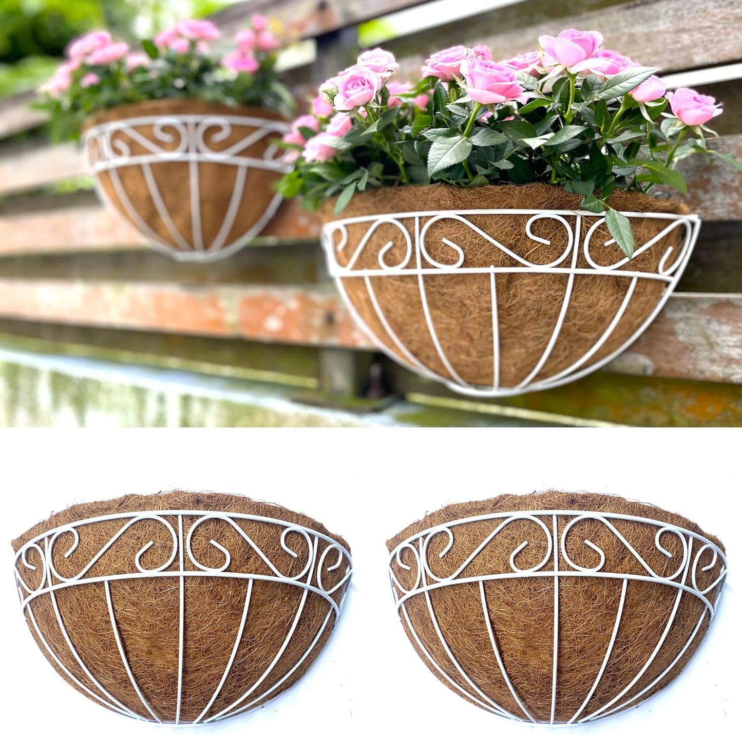 LaLaGreen Wall Mounted Flower Baskets (2 Pack, 12 Inch) Wall Hanging Planter with Coco Liner for Outdoor Plants, White Metal Wire Elegant Herb Pots Holder Fence Railing Deck Porch Balcony Garden Patio