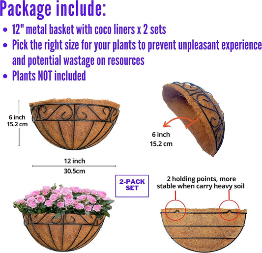 LaLaGreen Wall Hanging Planter, 2 Pack, 12 Inch Wall Mounted Flower Basket with Coco Liner for Outdoor Plants, Black Metal Wire Rail Herb Pot Holder Fence Railing Deck Porch Balcony Garden Patio Decor